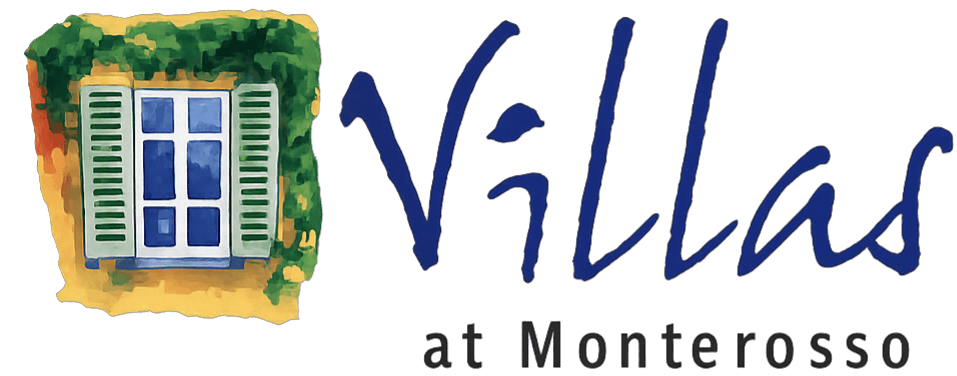 A window with greenery on a wall and the word Villas at Monterosso written in blue.